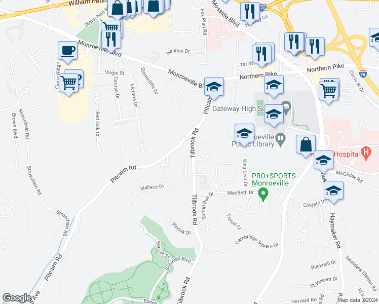 map of restaurants, bars, coffee shops, grocery stores, and more near 2578 Pitcairn Road in Monroeville