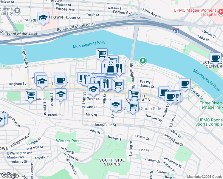 map of restaurants, bars, coffee shops, grocery stores, and more near 2012 Sidney Street in Pittsburgh