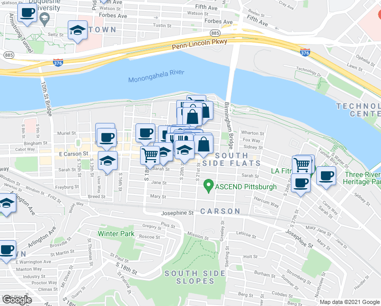 map of restaurants, bars, coffee shops, grocery stores, and more near 2012 Sidney Street in Pittsburgh
