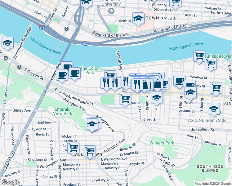 map of restaurants, bars, coffee shops, grocery stores, and more near 38 South 10th Street in Pittsburgh