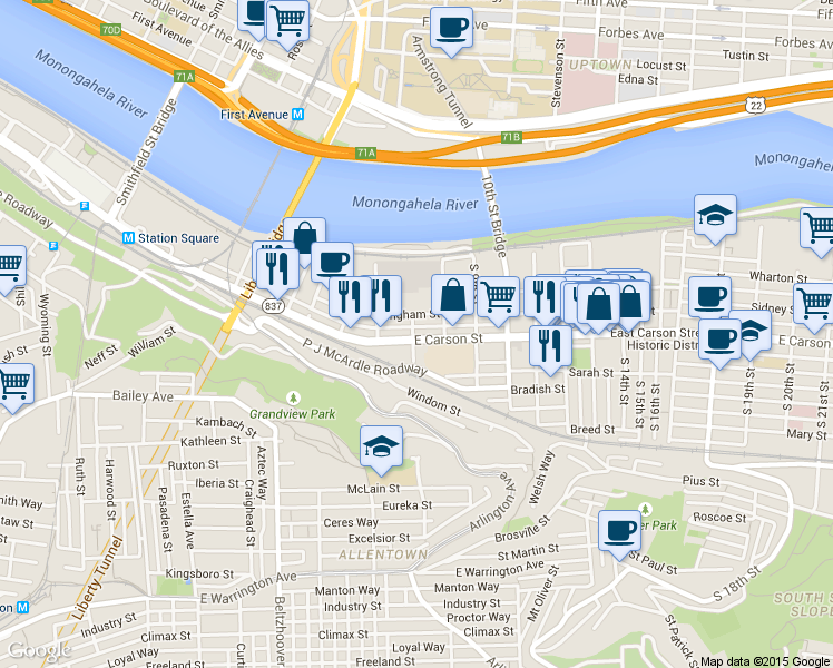 map of restaurants, bars, coffee shops, grocery stores, and more near 710 Bingham Street in Pittsburgh