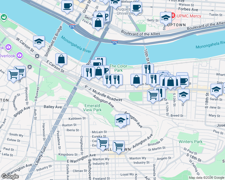 map of restaurants, bars, coffee shops, grocery stores, and more near 523 Bingham Street in Pittsburgh
