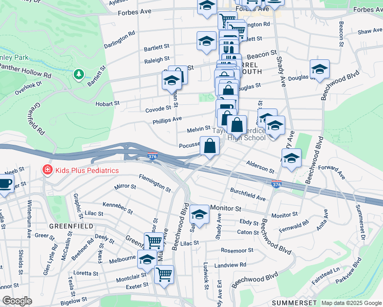map of restaurants, bars, coffee shops, grocery stores, and more near 5639 Pocusset Street in Pittsburgh