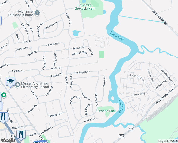 map of restaurants, bars, coffee shops, grocery stores, and more near 40 Addington Court in East Brunswick
