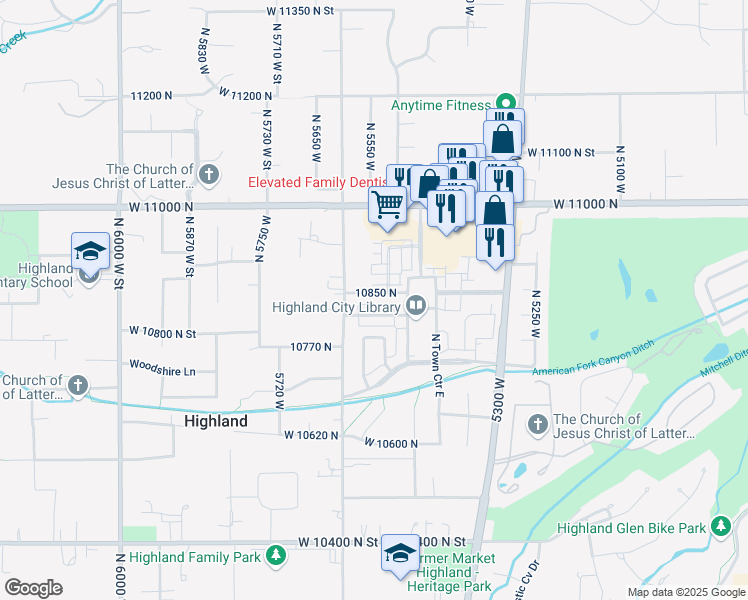 map of restaurants, bars, coffee shops, grocery stores, and more near 5549 Utah Highlands Drive in Lehi