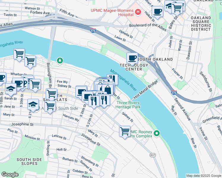 map of restaurants, bars, coffee shops, grocery stores, and more near 2705 South Water Street in Pittsburgh