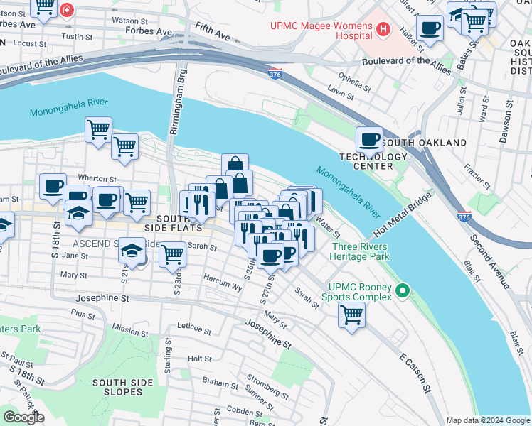 map of restaurants, bars, coffee shops, grocery stores, and more near 112 Wharton Court in Pittsburgh
