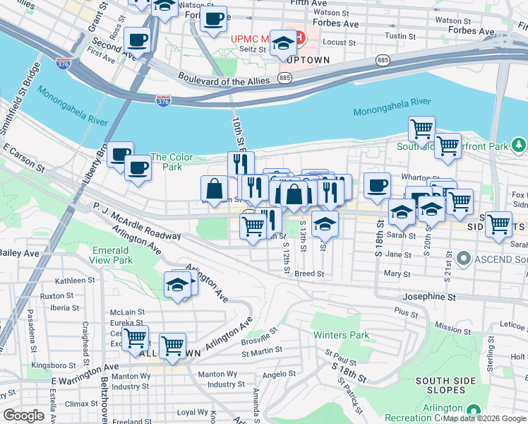 map of restaurants, bars, coffee shops, grocery stores, and more near 1021 East Carson Street in Pittsburgh