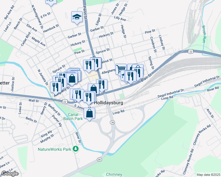 map of restaurants, bars, coffee shops, grocery stores, and more near 200-298 Clark Street in Hollidaysburg