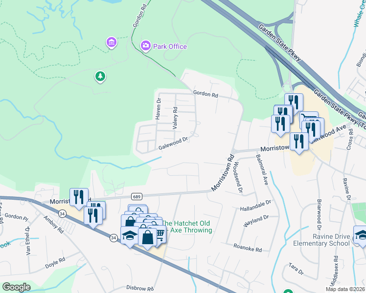 map of restaurants, bars, coffee shops, grocery stores, and more near 20 Galewood Drive in Matawan