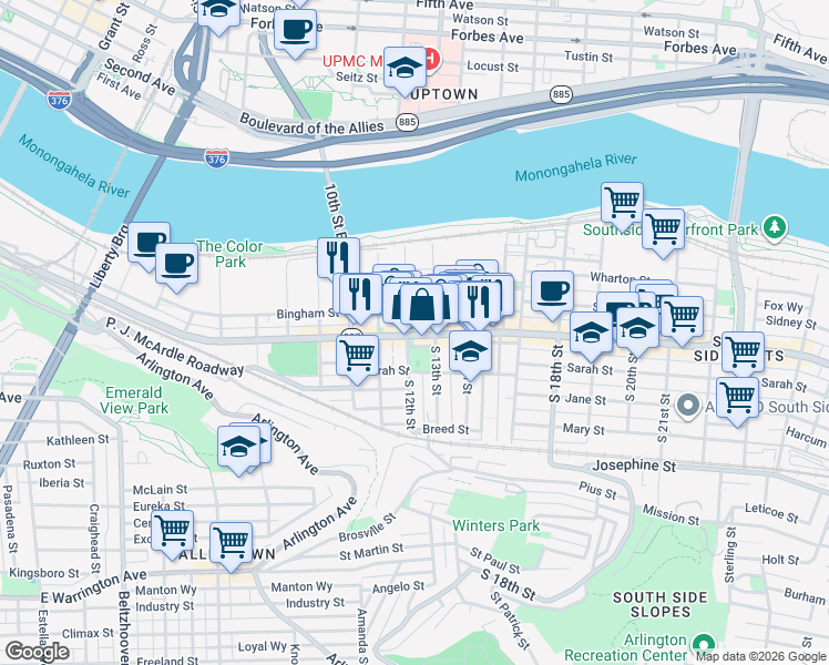 map of restaurants, bars, coffee shops, grocery stores, and more near in Pittsburgh