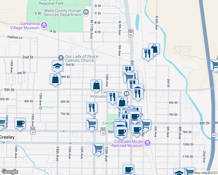 map of restaurants, bars, coffee shops, grocery stores, and more near 929 5th Street in Greeley