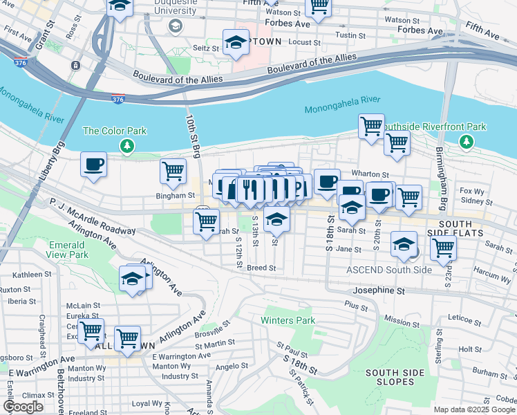 map of restaurants, bars, coffee shops, grocery stores, and more near 1303 East Carson Street in Pittsburgh