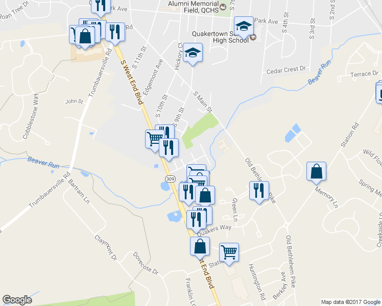 map of restaurants, bars, coffee shops, grocery stores, and more near 101 Jefferson Court in Quakertown