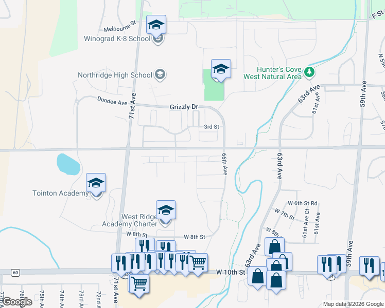 map of restaurants, bars, coffee shops, grocery stores, and more near 29 4th Street in Greeley