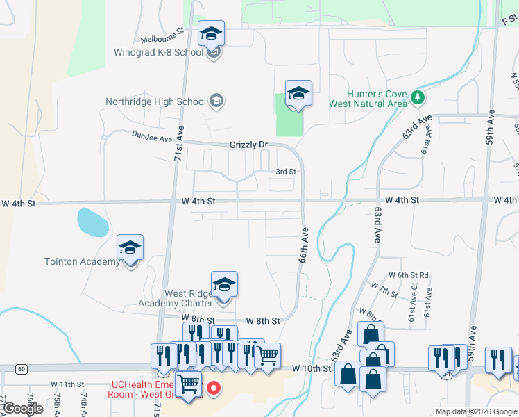 map of restaurants, bars, coffee shops, grocery stores, and more near 29 4th Street in Greeley
