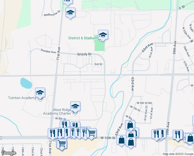 map of restaurants, bars, coffee shops, grocery stores, and more near 6608 West 3rd Street in Greeley