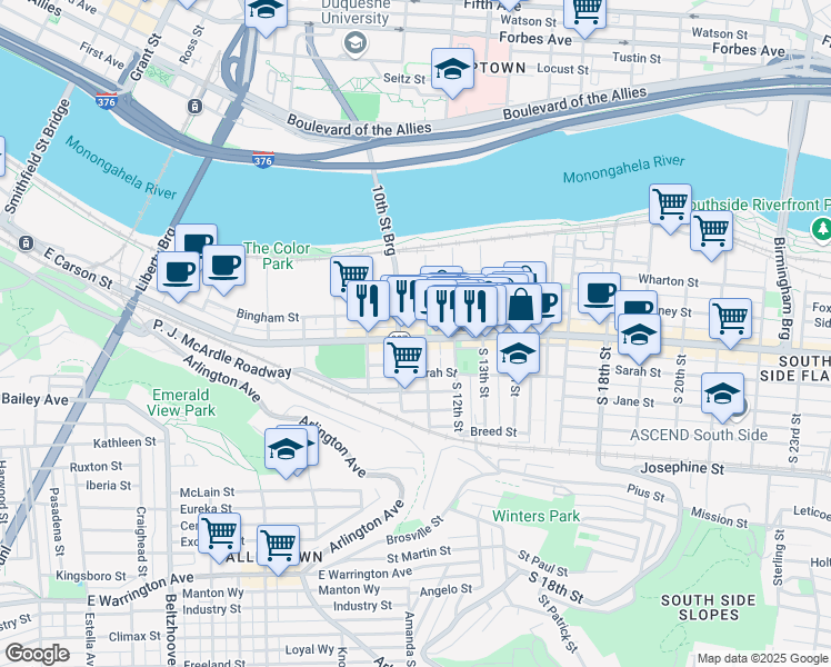 map of restaurants, bars, coffee shops, grocery stores, and more near 1101 Bingham Street in Pittsburgh