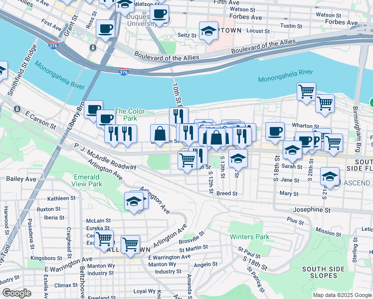 map of restaurants, bars, coffee shops, grocery stores, and more near 38 South 10th Street in Pittsburgh