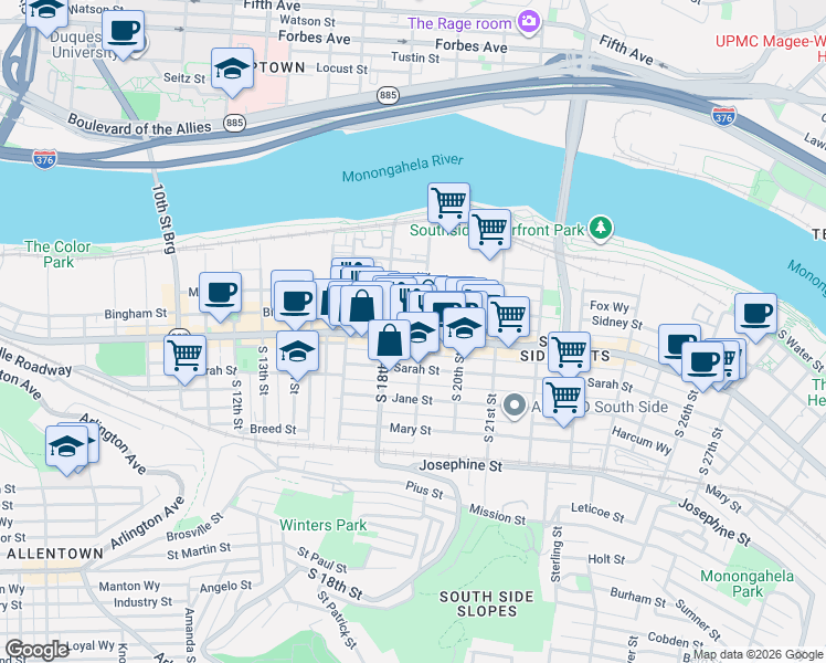 map of restaurants, bars, coffee shops, grocery stores, and more near 1825 East Carson Street in Pittsburgh