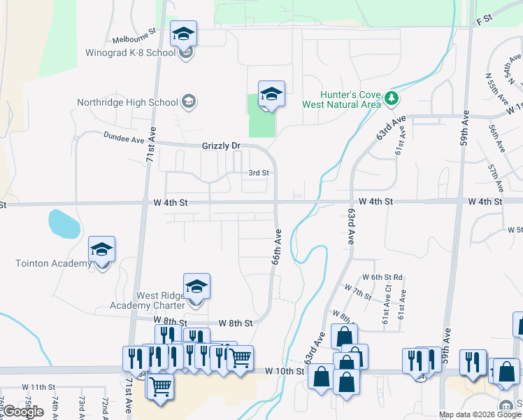 map of restaurants, bars, coffee shops, grocery stores, and more near 6608 West 3rd Street in Greeley