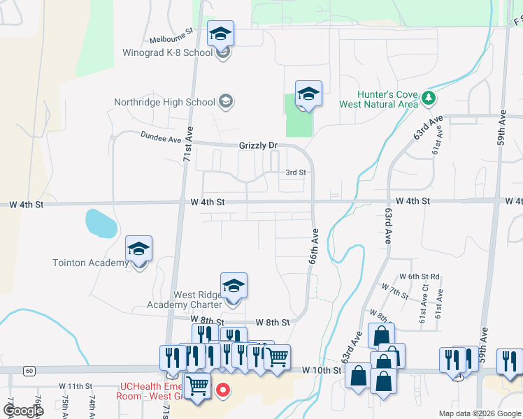 map of restaurants, bars, coffee shops, grocery stores, and more near 29 4th Street in Greeley