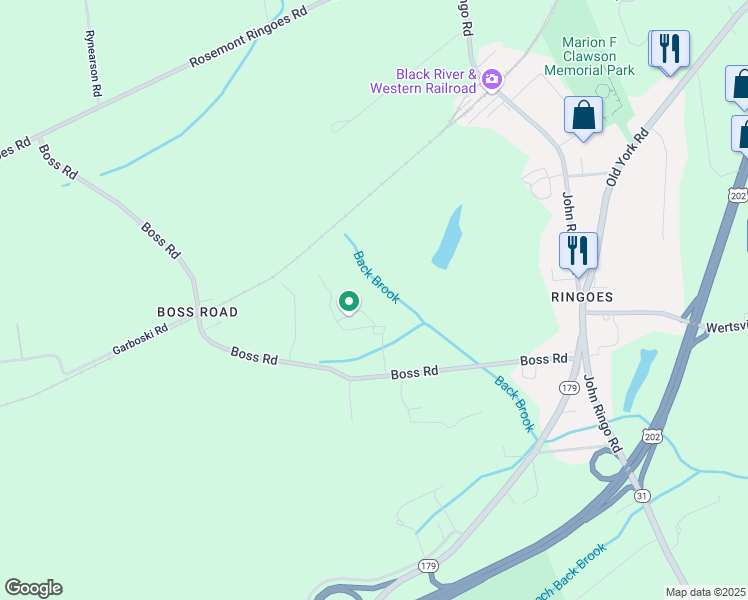 map of restaurants, bars, coffee shops, grocery stores, and more near 20 Boss Road in East Amwell Township