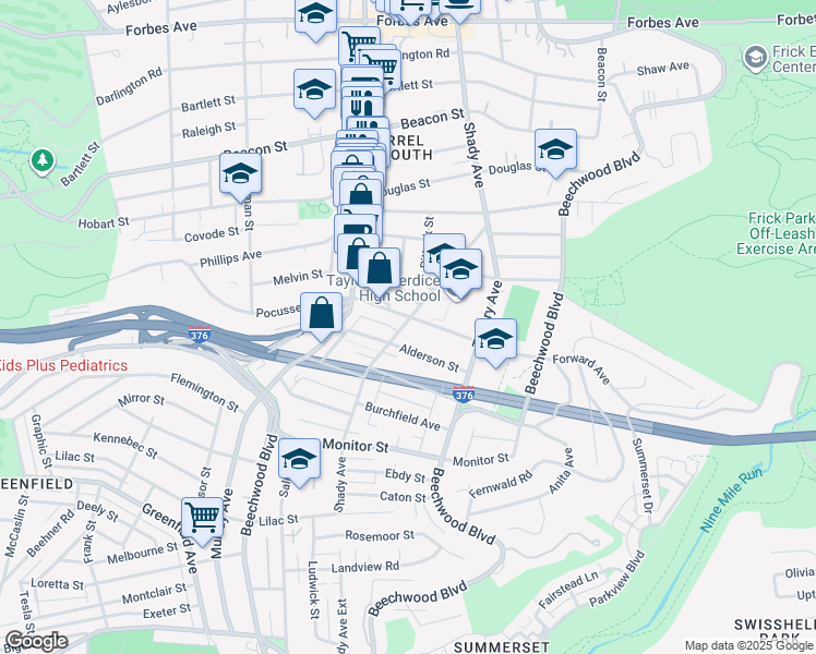 map of restaurants, bars, coffee shops, grocery stores, and more near 5841 Forward Avenue in Pittsburgh