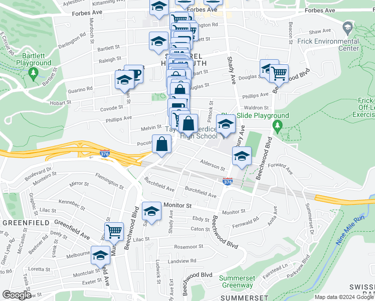 map of restaurants, bars, coffee shops, grocery stores, and more near 5800 Alderson Street in Pittsburgh