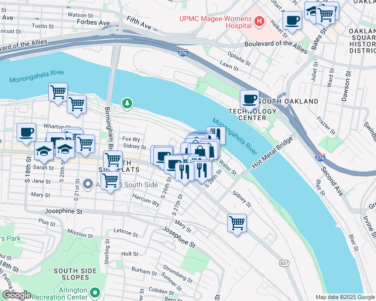 map of restaurants, bars, coffee shops, grocery stores, and more near 2626 South Tunnel Boulevard in Pittsburgh