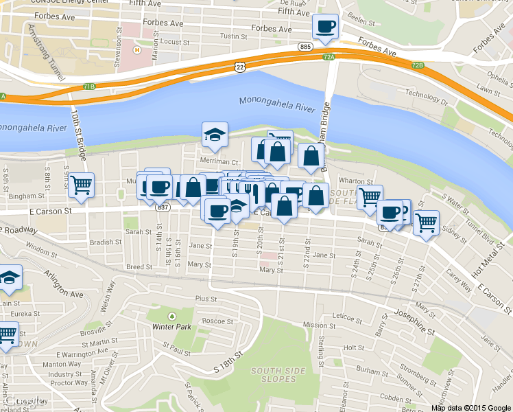 map of restaurants, bars, coffee shops, grocery stores, and more near 1910 Sidney Street in Pittsburgh