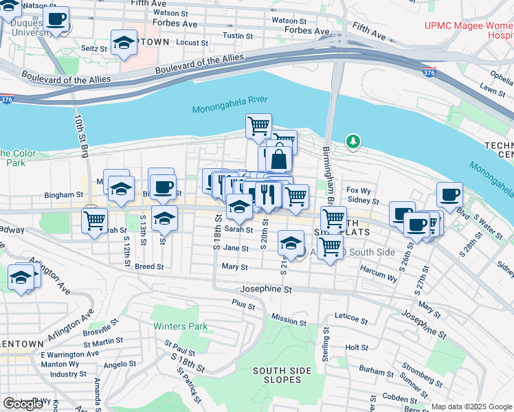 map of restaurants, bars, coffee shops, grocery stores, and more near 1910 Sidney Street in Pittsburgh