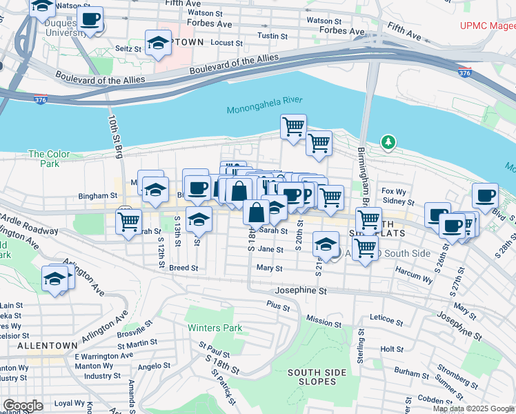 map of restaurants, bars, coffee shops, grocery stores, and more near 1829 East Carson Street in Pittsburgh