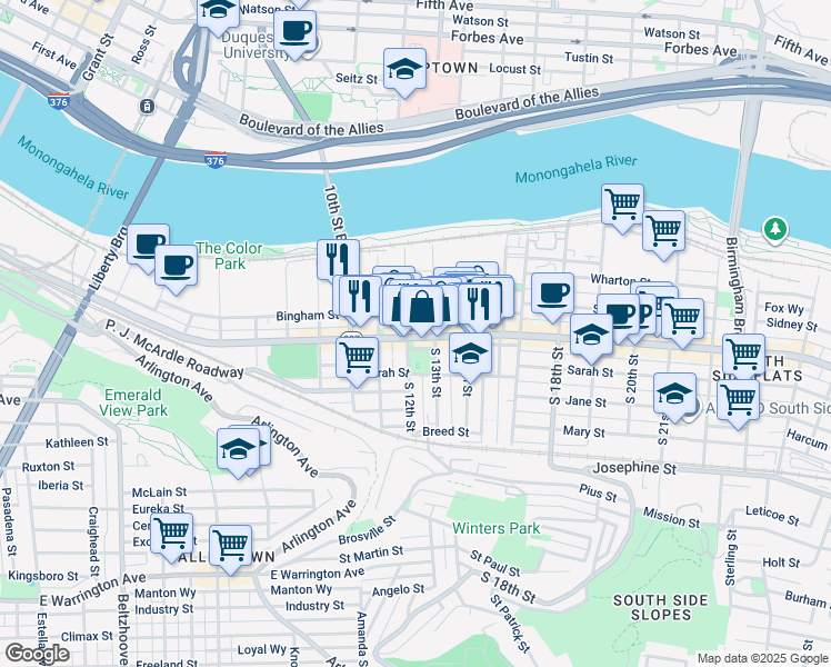map of restaurants, bars, coffee shops, grocery stores, and more near in Pittsburgh