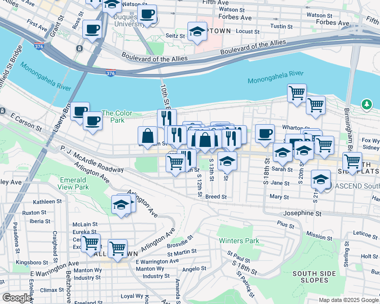 map of restaurants, bars, coffee shops, grocery stores, and more near 1101 Bingham Street in Pittsburgh