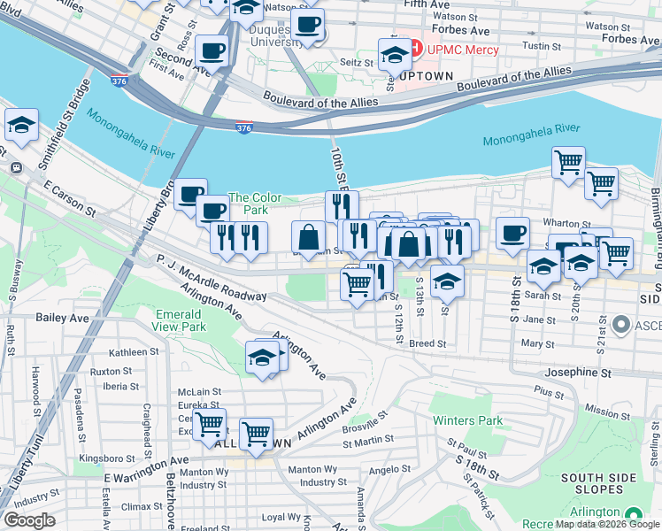 map of restaurants, bars, coffee shops, grocery stores, and more near 38 South 10th Street in Pittsburgh