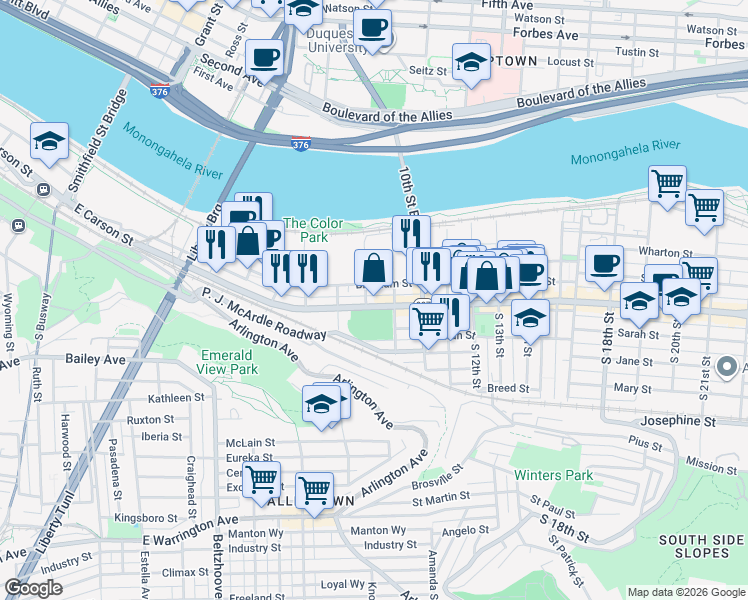 map of restaurants, bars, coffee shops, grocery stores, and more near 809 Bingham Street in Pittsburgh