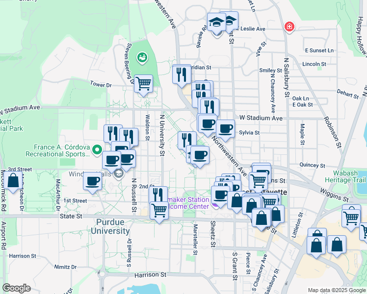 map of restaurants, bars, coffee shops, grocery stores, and more near Stadium Mall in West Lafayette