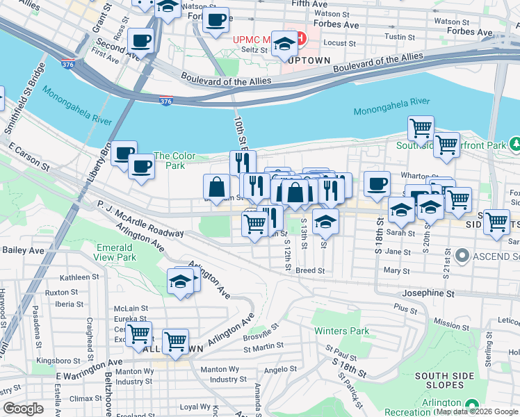 map of restaurants, bars, coffee shops, grocery stores, and more near 1013 East Carson Street in Pittsburgh