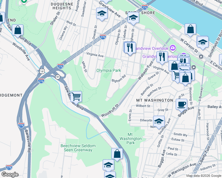 map of restaurants, bars, coffee shops, grocery stores, and more near 531 Bigham Road in Pittsburgh