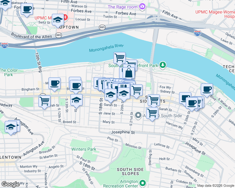 map of restaurants, bars, coffee shops, grocery stores, and more near 1910 Sidney Street in Pittsburgh