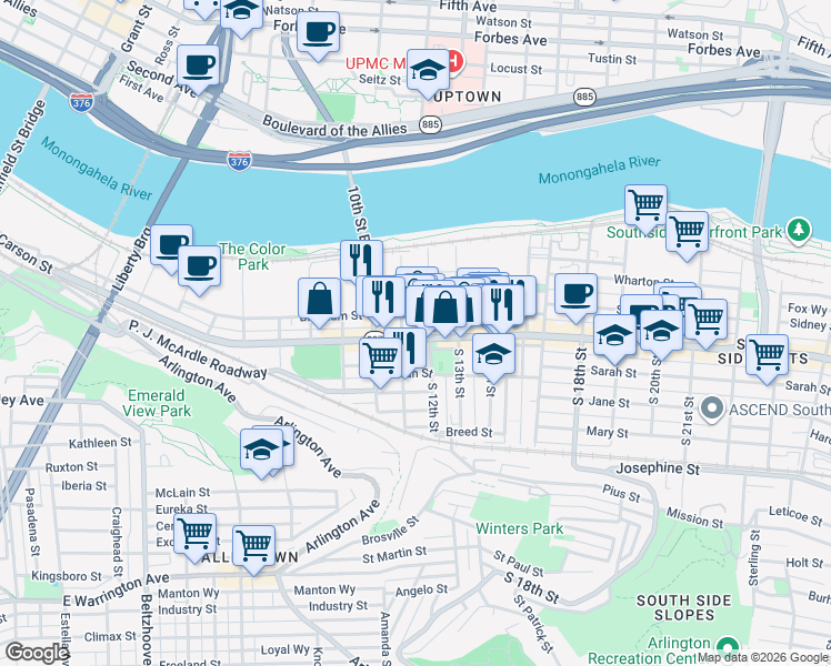 map of restaurants, bars, coffee shops, grocery stores, and more near 1101 Bingham Street in Pittsburgh