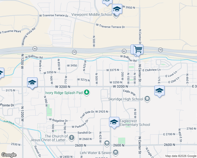 map of restaurants, bars, coffee shops, grocery stores, and more near 3280 North 500 West in Lehi