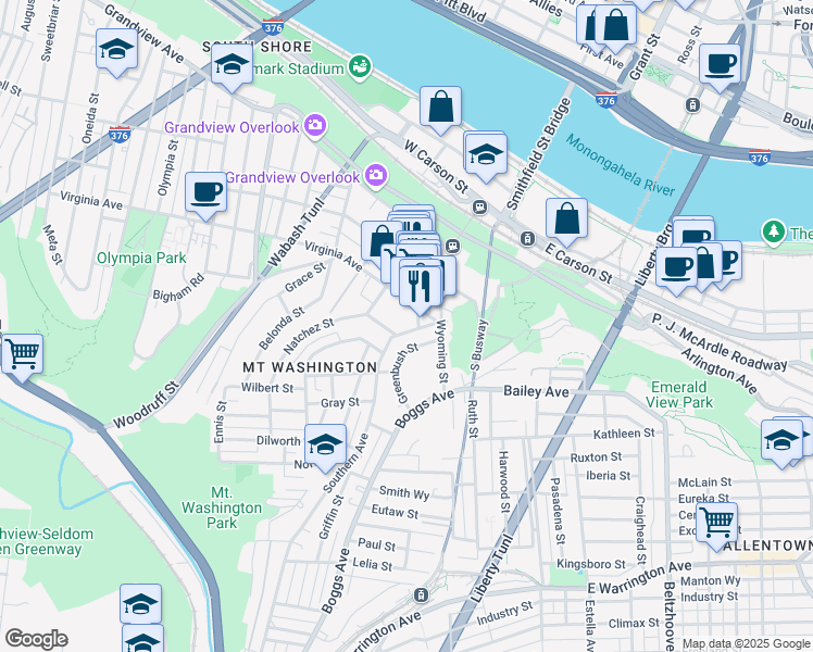map of restaurants, bars, coffee shops, grocery stores, and more near 22 Southern Avenue in Pittsburgh