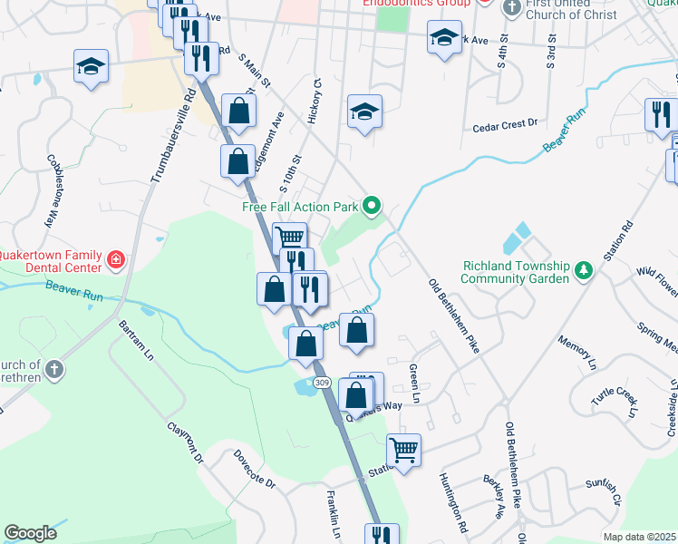 map of restaurants, bars, coffee shops, grocery stores, and more near 102 Jefferson Court in Quakertown