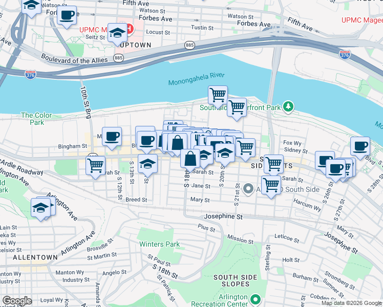 map of restaurants, bars, coffee shops, grocery stores, and more near 1829 East Carson Street in Pittsburgh