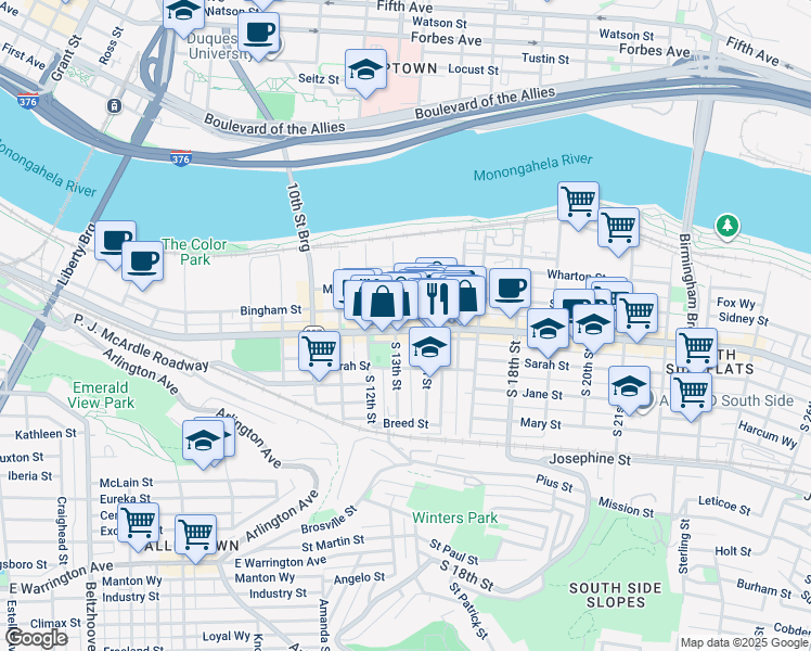 map of restaurants, bars, coffee shops, grocery stores, and more near 1323 Bingham Street in Pittsburgh