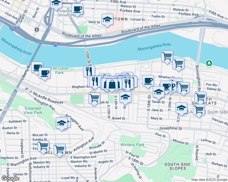 map of restaurants, bars, coffee shops, grocery stores, and more near in Pittsburgh
