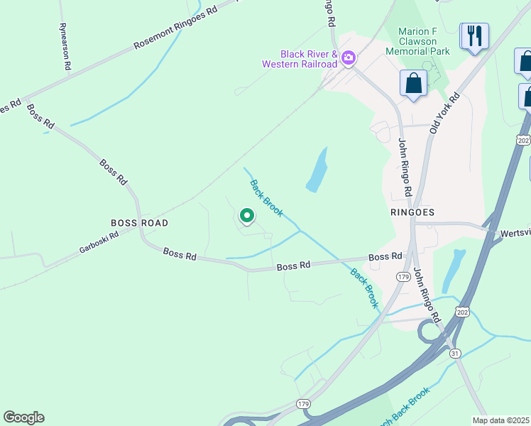map of restaurants, bars, coffee shops, grocery stores, and more near 20 Boss Road in East Amwell Township
