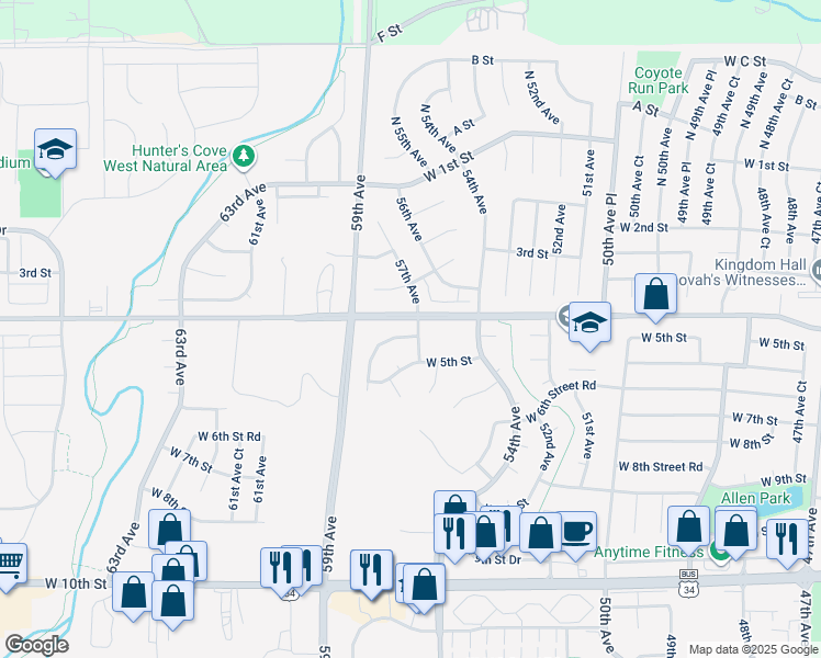 map of restaurants, bars, coffee shops, grocery stores, and more near 5701 West 5th Street in Greeley
